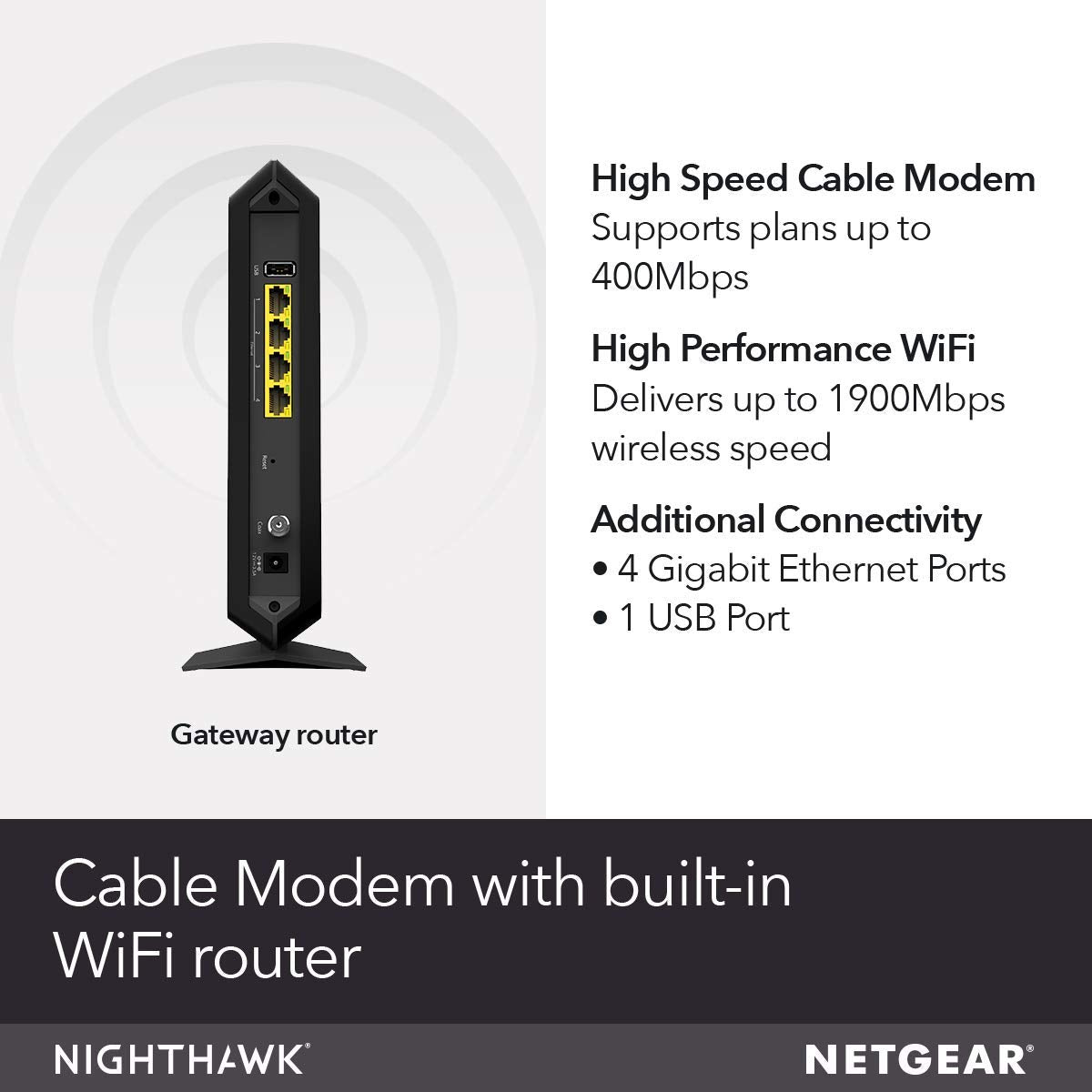 NETGEAR Nighthawk C7000 back panel showing coax and Ethernet ports.