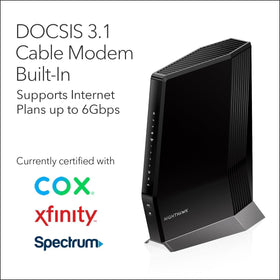 NETGEAR Nighthawk CAX80 ports and cables highlighting 4 gigabit ports and 2.5G WAN