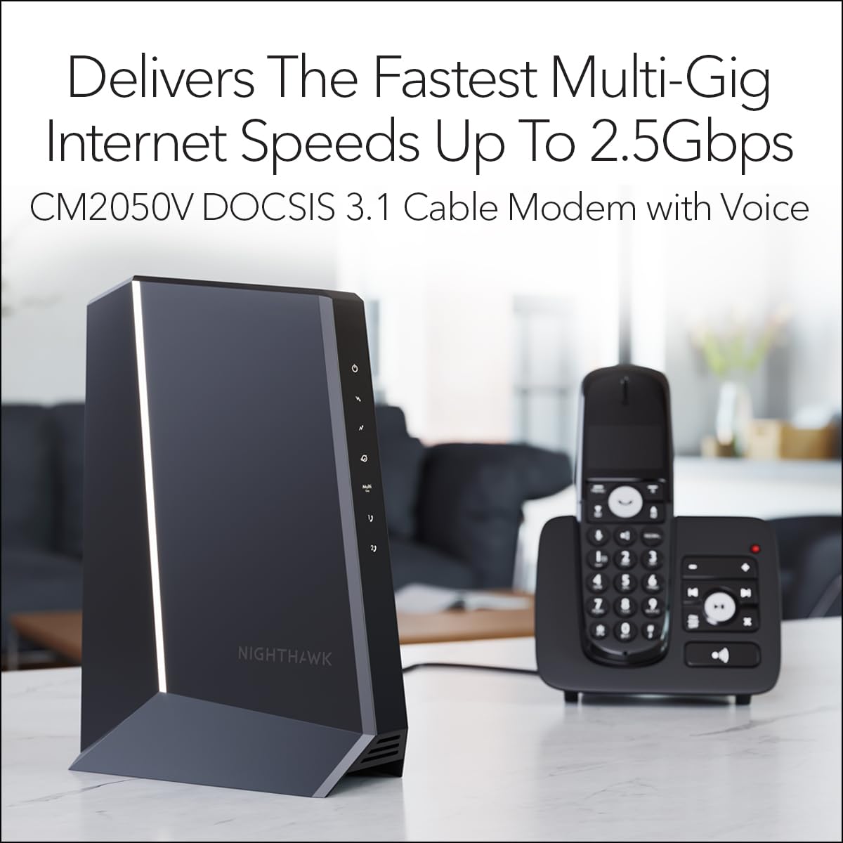 NETGEAR Nighthawk CM2050V back ports for 2.5Gbps Ethernet