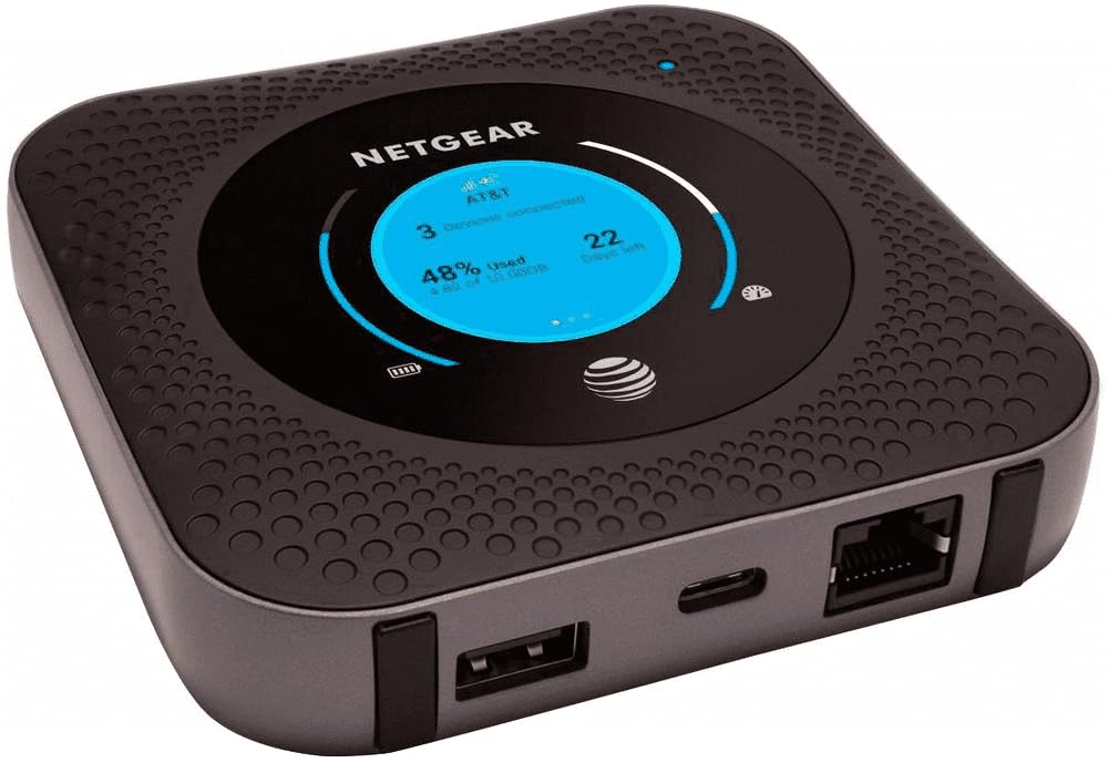 NETGEAR Nighthawk MR1100 front view showing a compact, travel-ready hotspot for on-the-go connectivity.