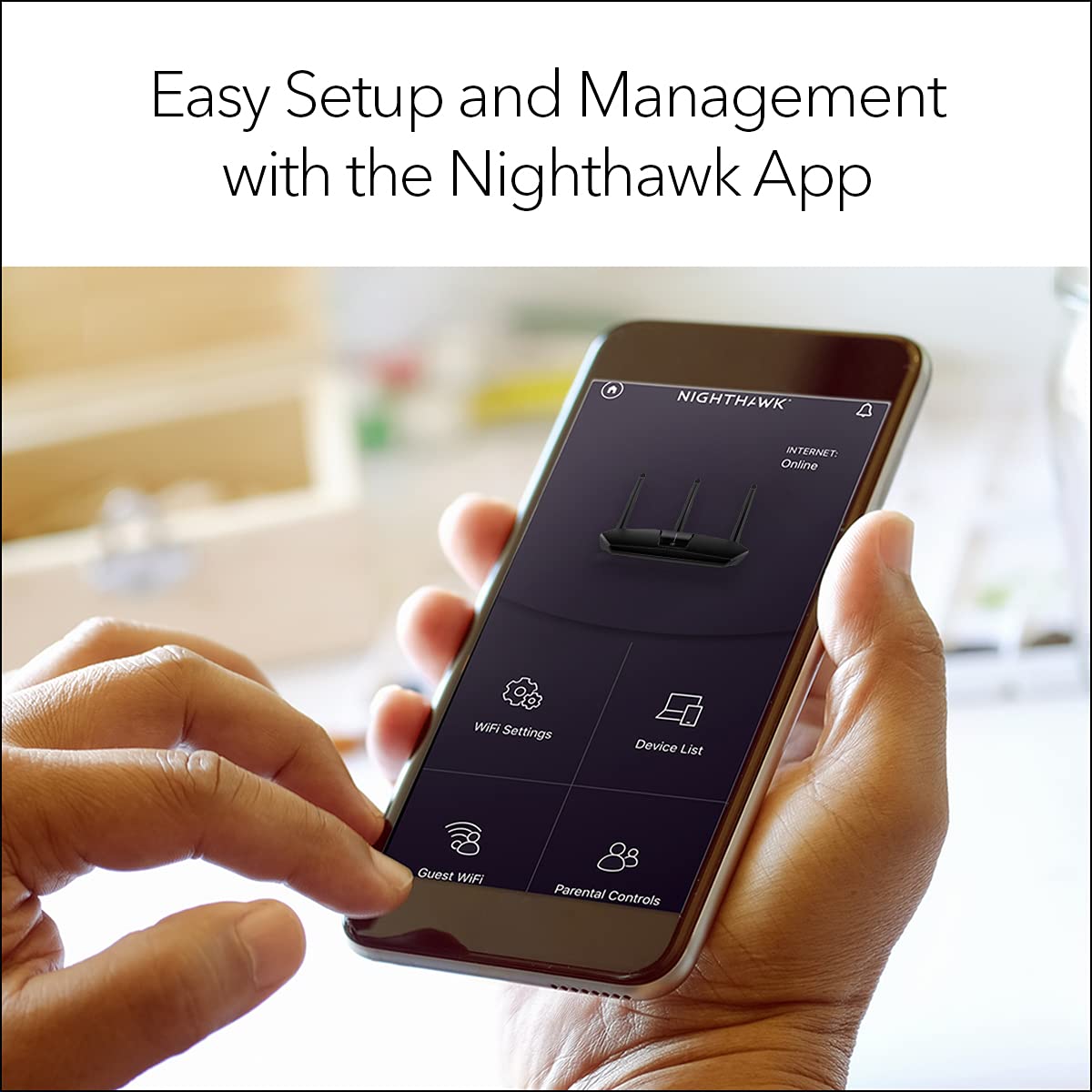 NETGEAR Nighthawk beside gaming console showing low‑latency wired benefit