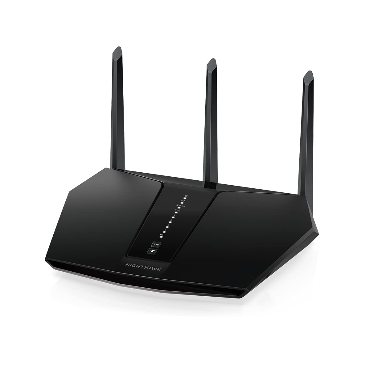 NETGEAR Nighthawk front view showing sleek design and signal strength benefit