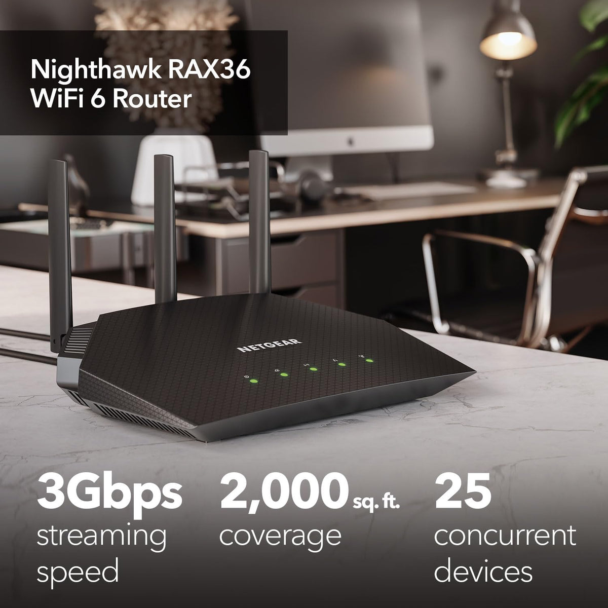 NETGEAR close-up of RAX36 antenna and top finish for better device coverage