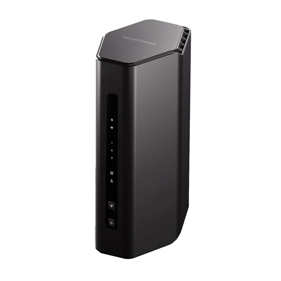 NETGEAR Nighthawk RS140 front view highlighting sleek design and fast WiFi 7 for gaming.