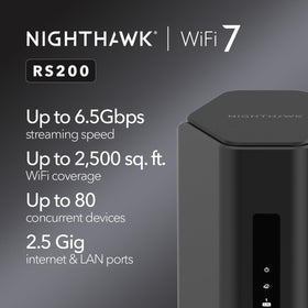 NETGEAR RS200 with ambient glow highlights WiFi 7 speed for gaming and streaming.
