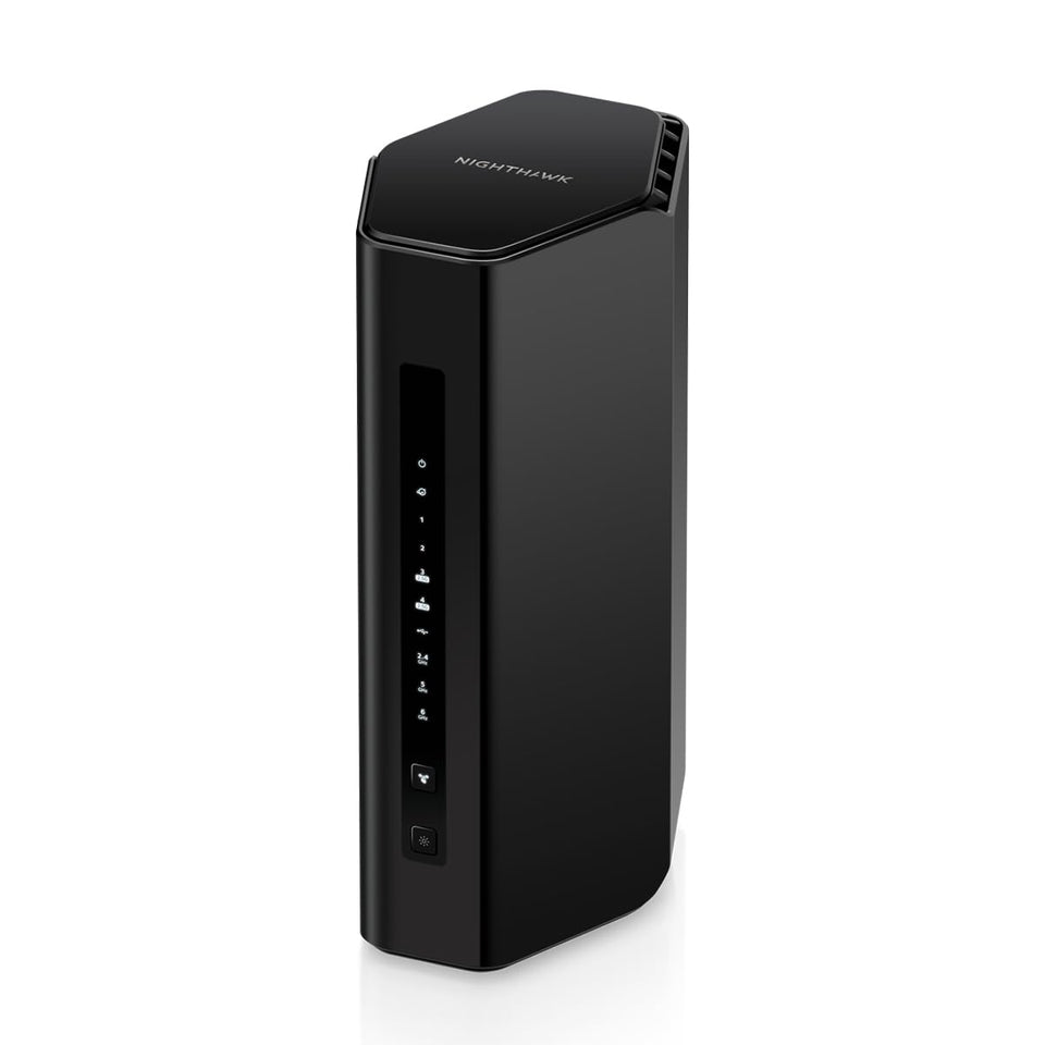 NETGEAR Nighthawk RS200 front view highlights compact router design for home use.