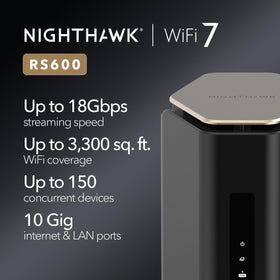 Back panel of NETGEAR RS600 showing 10G and 1G LAN ports for wired connections