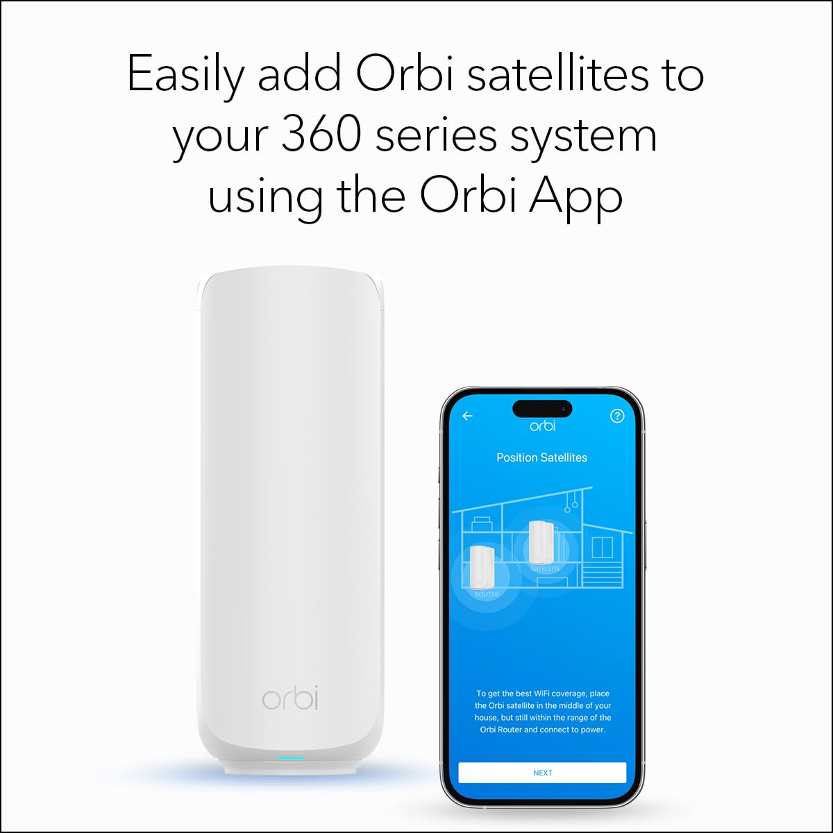 NETGEAR Orbi 360 satellite on-table placement illustrates discreet home integration.