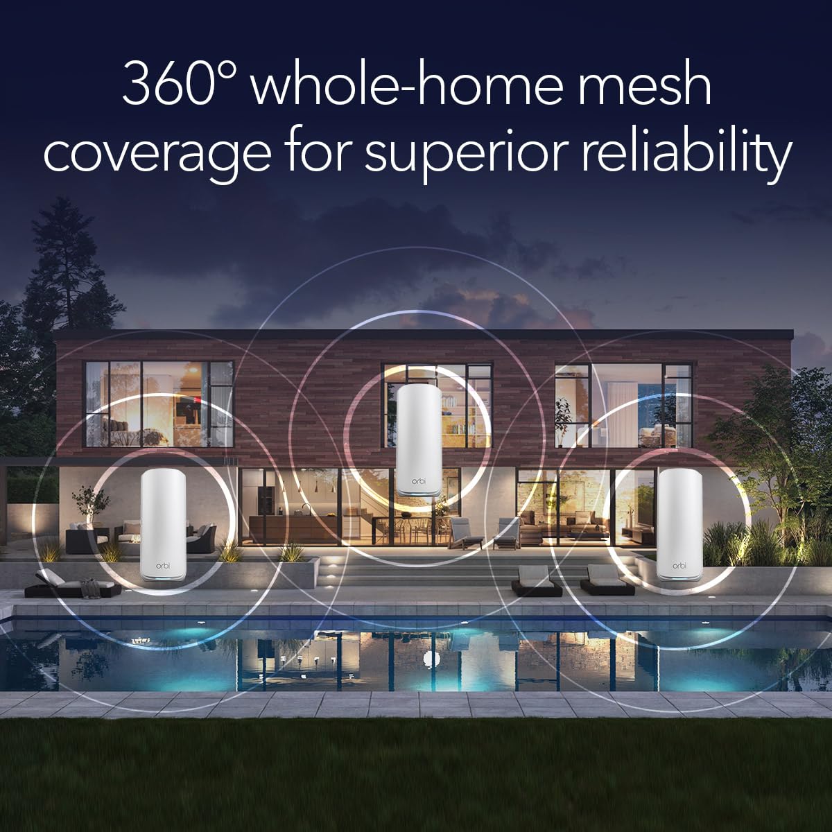 NETGEAR Orbi 870 mesh coverage map showing 360° reach across spaces.