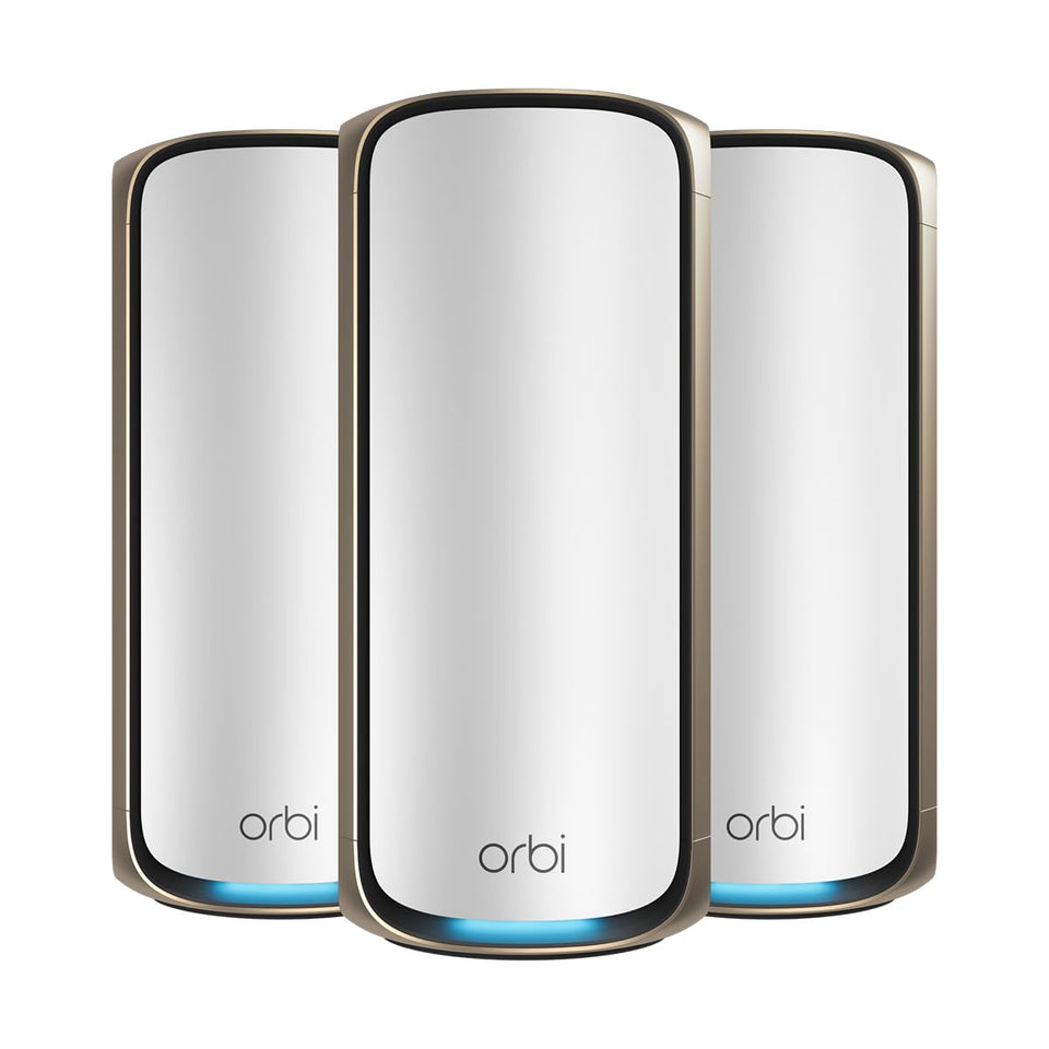 NETGEAR Orbi 970 router front view highlighting WiFi 7 performance for whole-home coverage