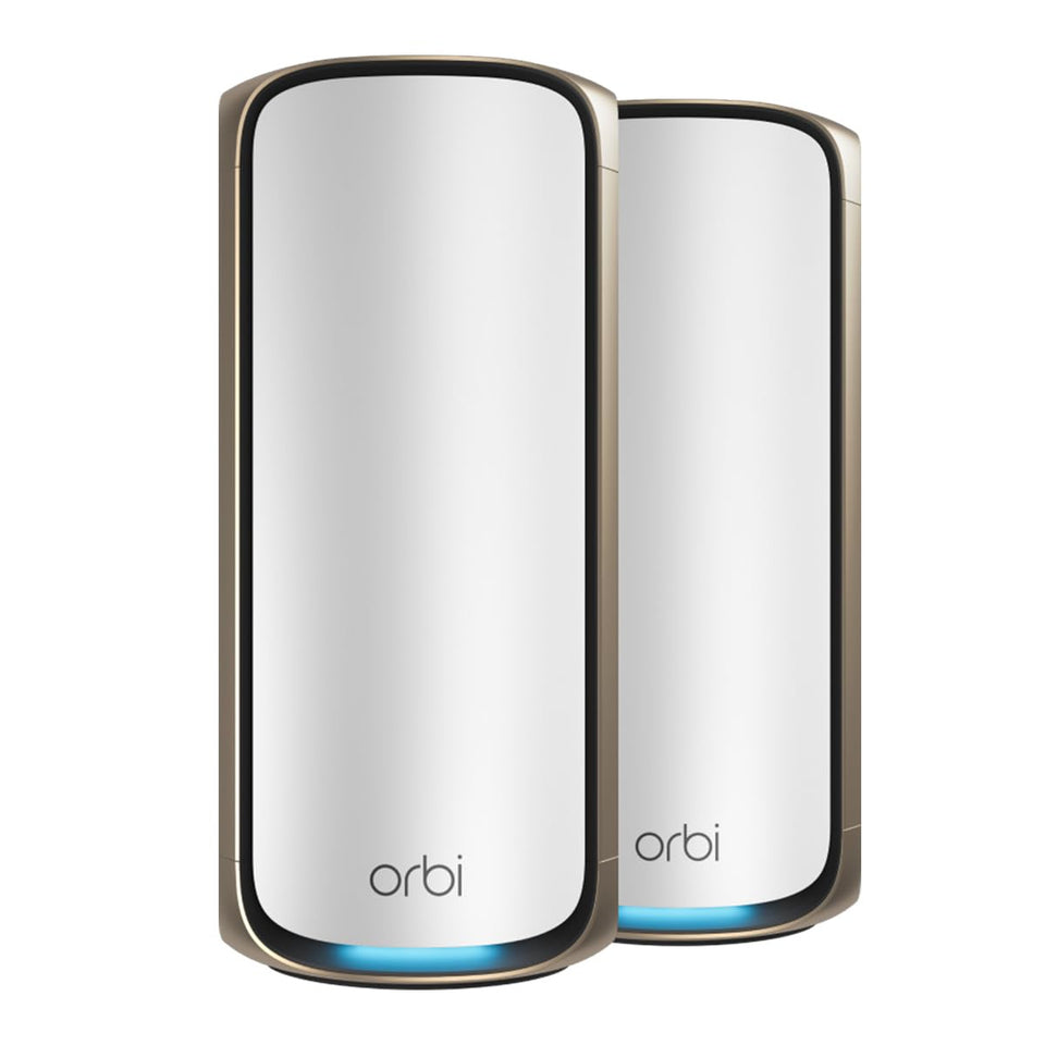 NETGEAR Orbi 970 router front view indicating wide-range coverage for a large home