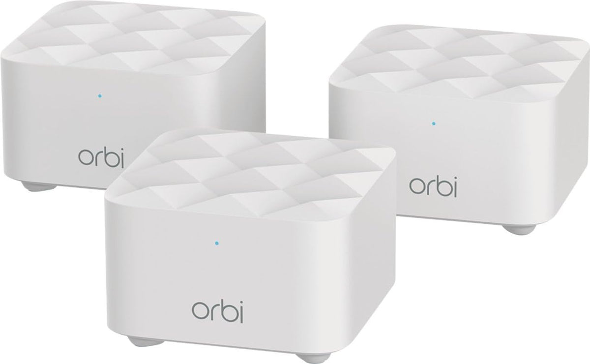NETGEAR Orbi RBK13 satellite close-up displaying status LEDs and clean finish for visibility