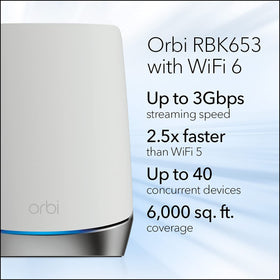 NETGEAR Orbi RBK653 satellite extends coverage to upper floors and basements.