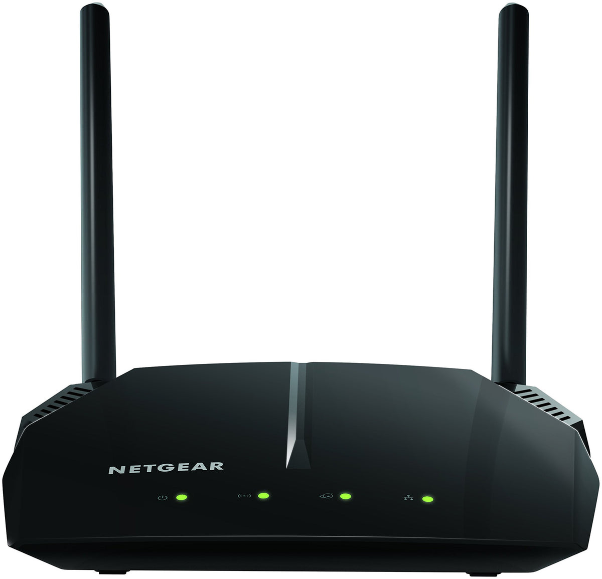 NETGEAR R6120 front view, compact router for reliable dual-band coverage.