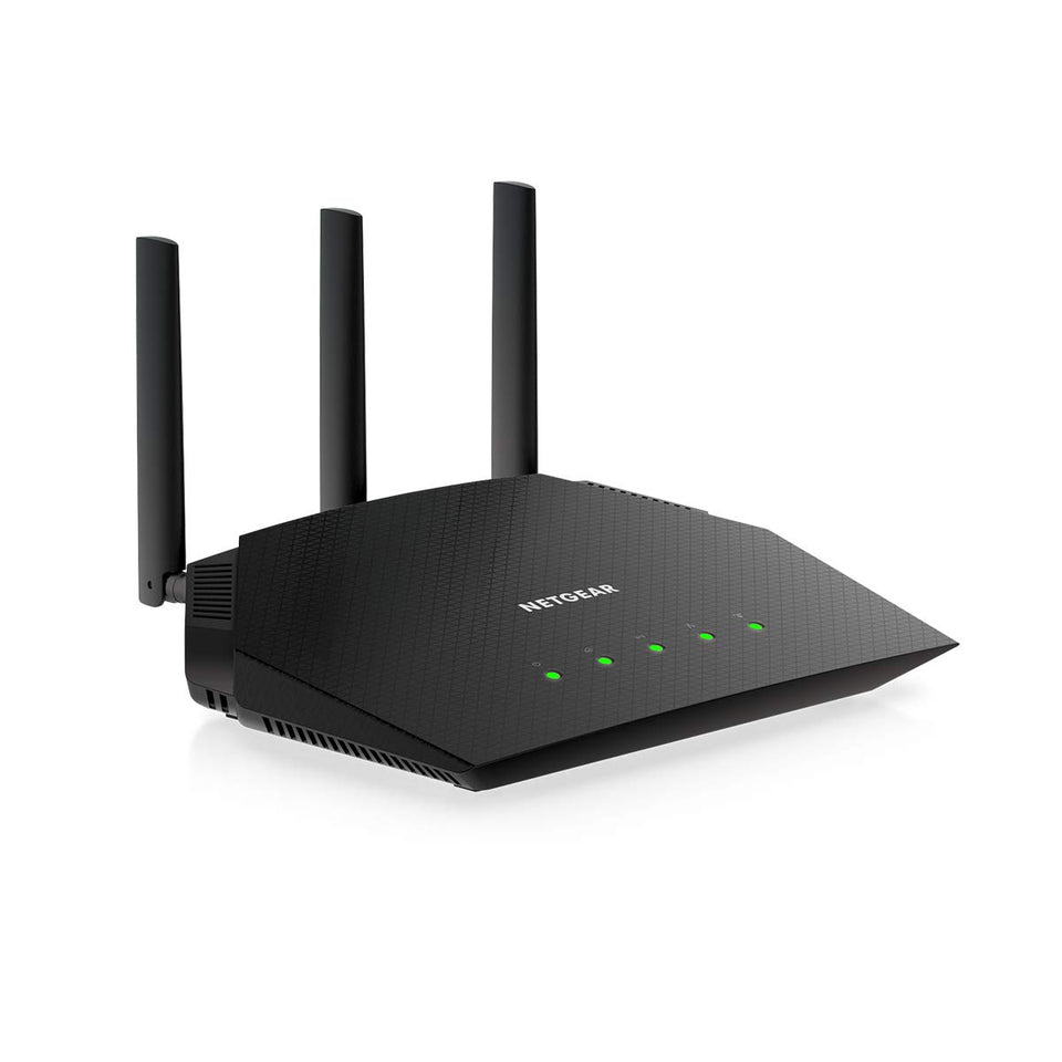 NETGEAR R6700AXS router front view showing compact design and fast WiFi