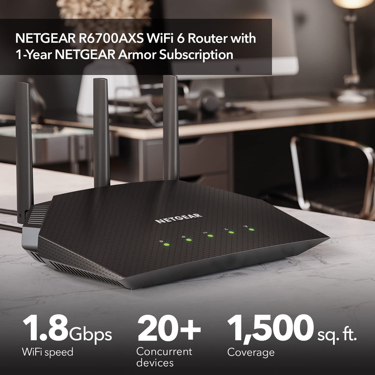 NETGEAR R6700AXS router ports view highlighting four Gigabit Ethernet ports