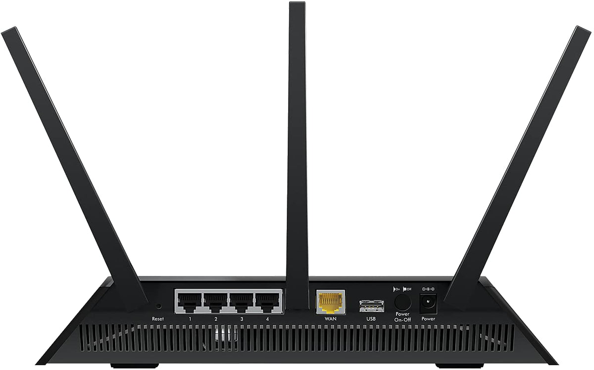 NETGEAR R7000P back panel with ports and USB for wired devices and storage