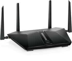 NETGEAR Nighthawk RAX50 front view highlighting sleek black design for modern homes.