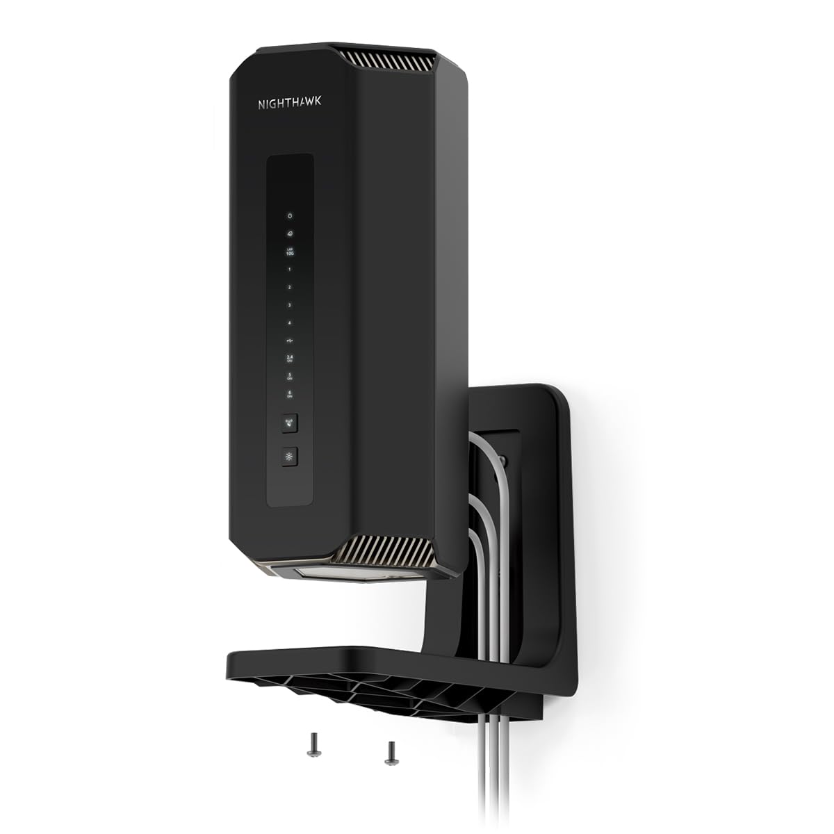 NETGEAR front view of wall mount kit showing sleek black bracket and tidy appearance for better organization