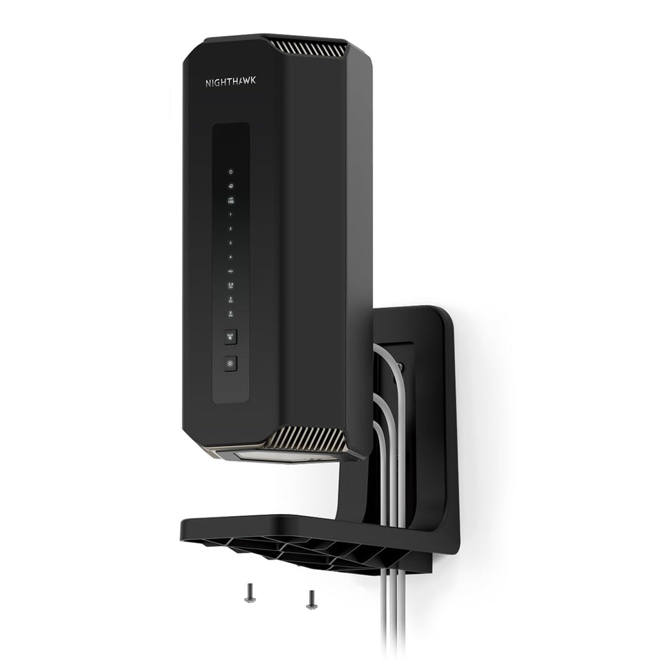 NETGEAR front view of wall mount kit showing sleek black bracket and tidy appearance for better organization