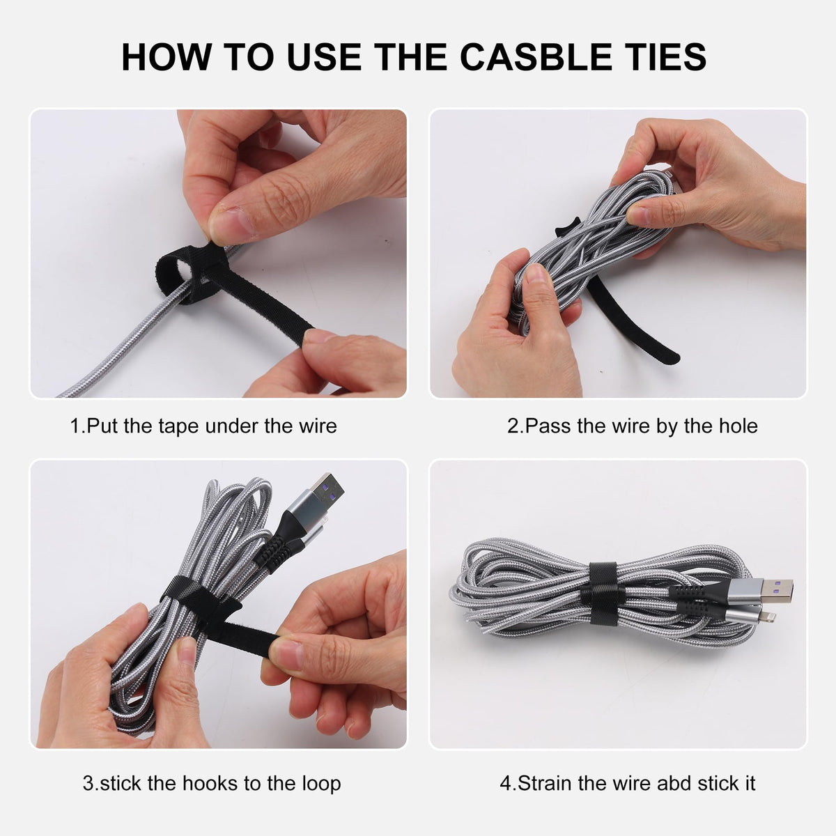 Nettbe cord wrap securing a bundle of assorted cables.