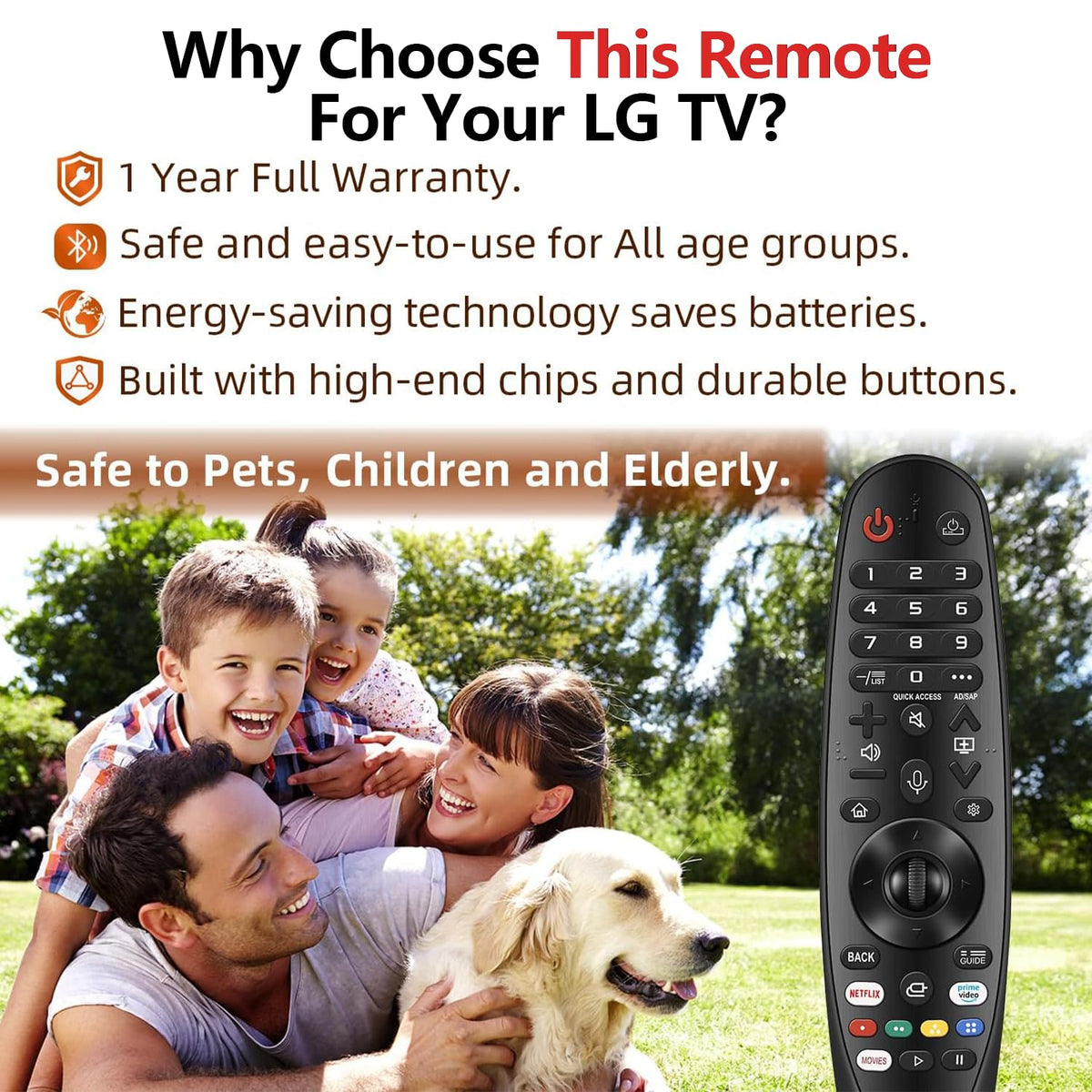 Nettech LG remote close-up of buttons emphasizes durable design for long-term use.