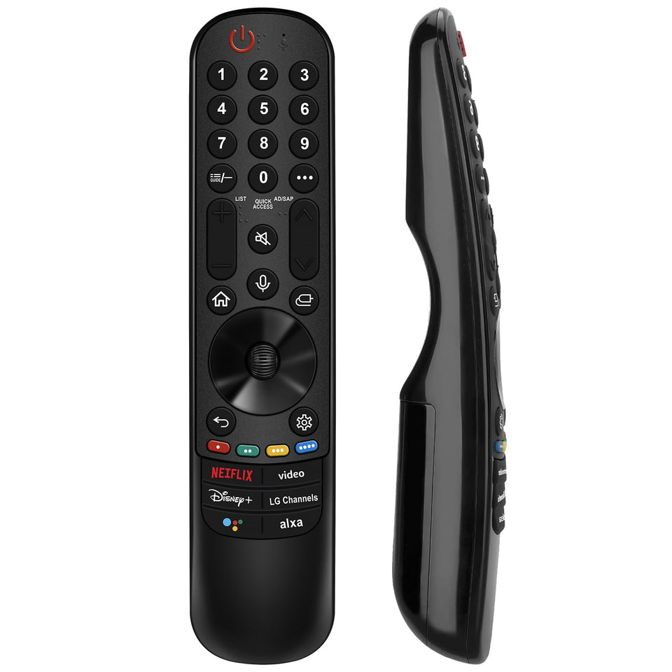 Nettech LG remote front view showing ergonomic grip and quick-access keys