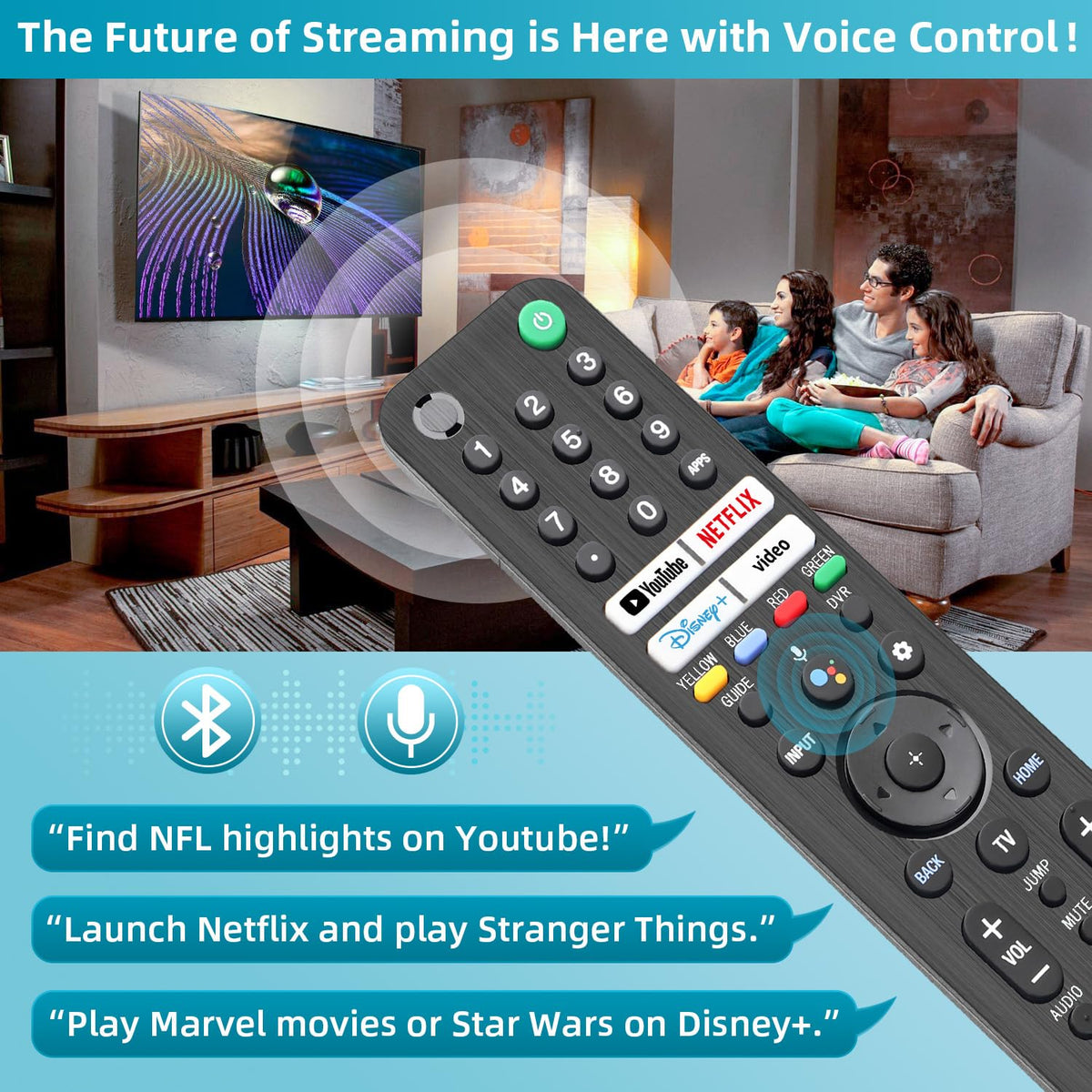 Nettech replacement remote voice-control feature for hands-free TV navigation from a distance.