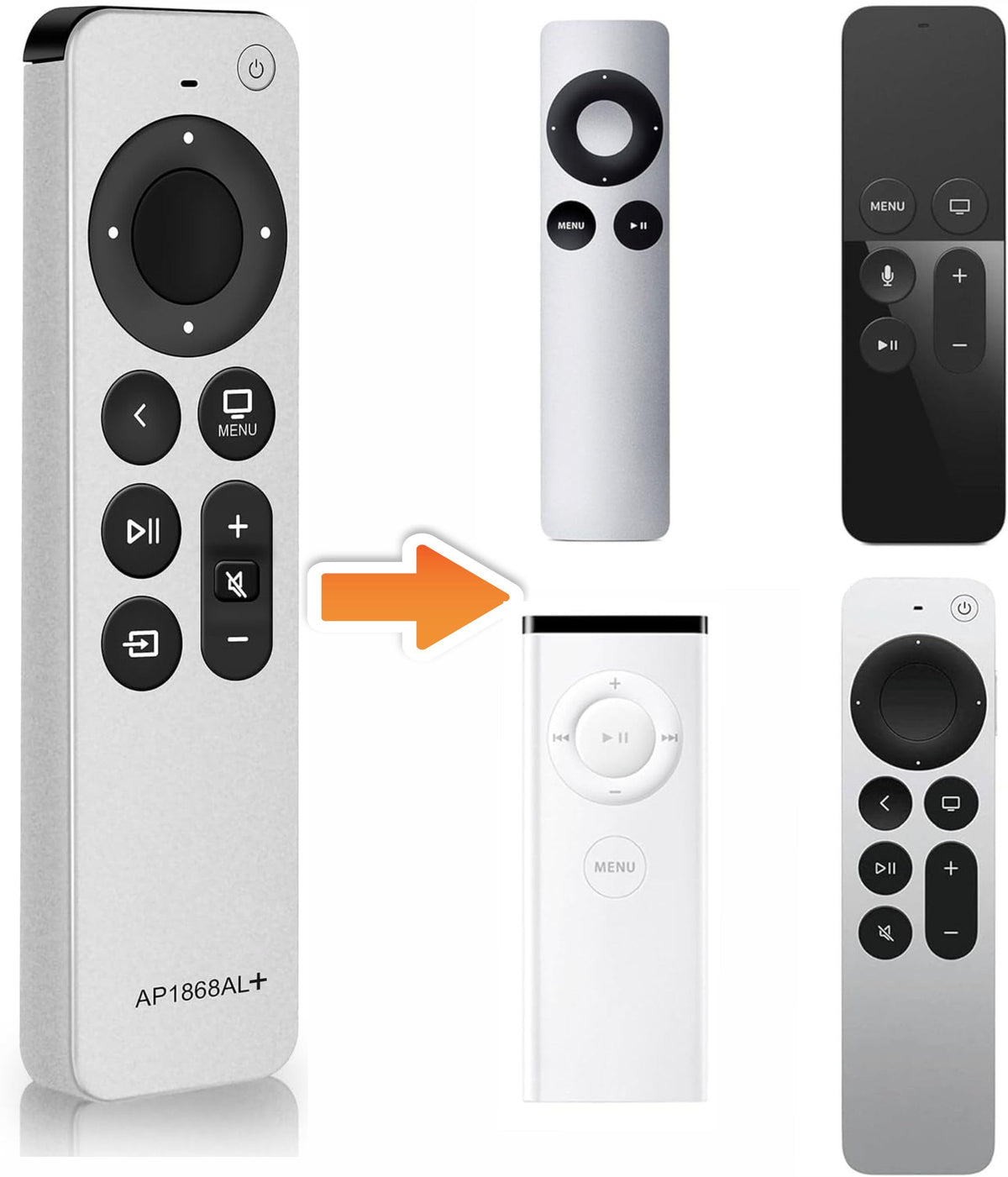 Nettech AP1868AL+ infrared remote highlighting power, volume, and mute buttons