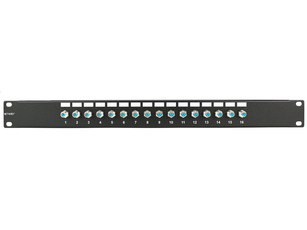 Networx 16-port coaxial patch panel front view, ideal for organized video distribution.
