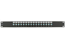 Networx 16-port coaxial patch panel front view, ideal for organized video distribution.