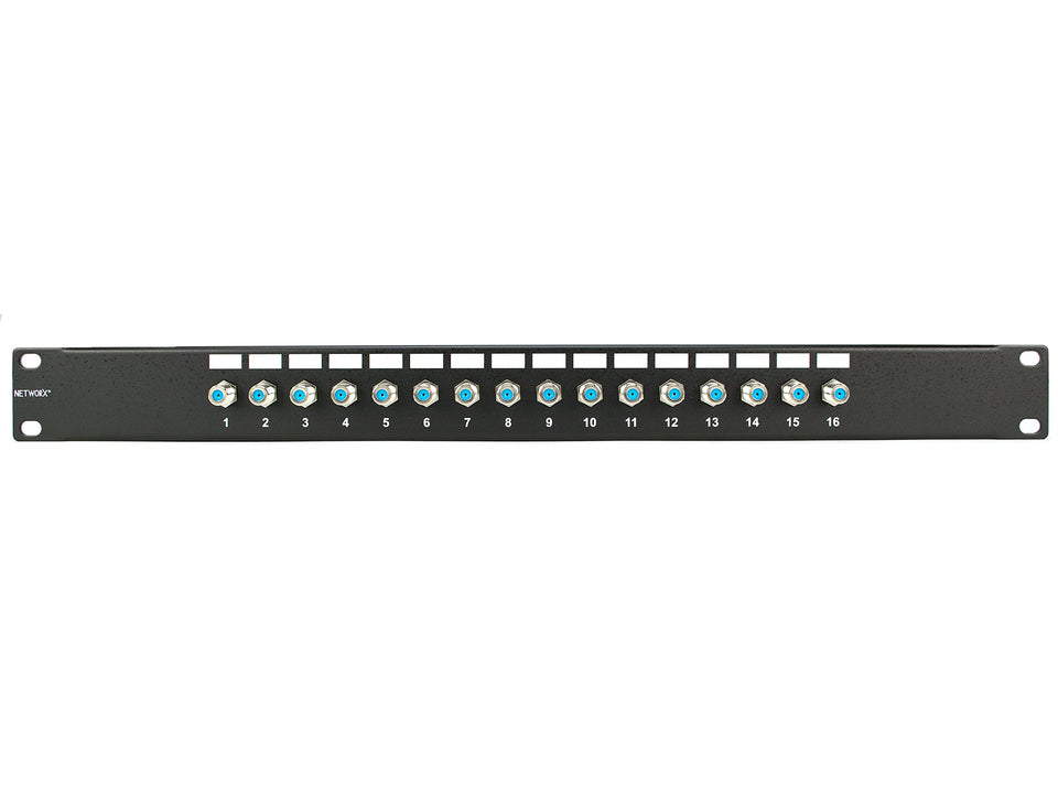 Networx 16-port coaxial patch panel front view, ideal for organized video distribution.