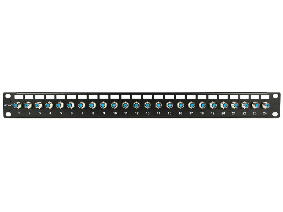Networx 24-port coaxial patch panel front view supports organized video distribution.
