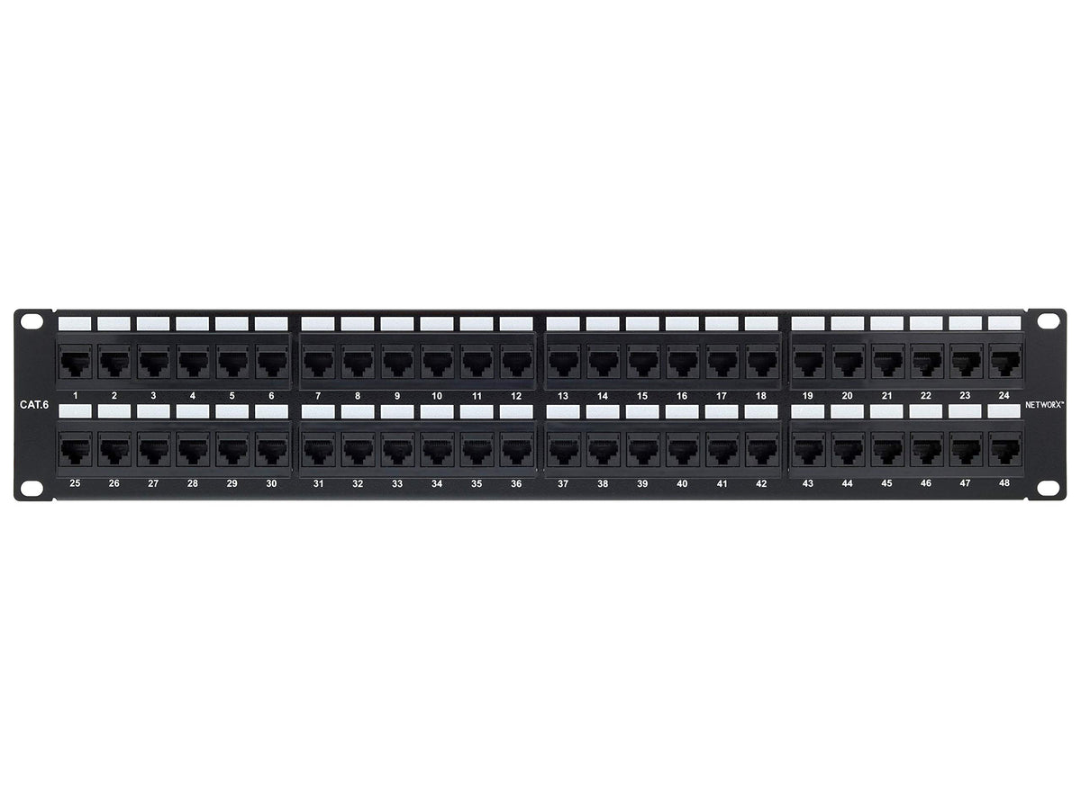 Networx front view of 48-port panel showing organized RJ45 ports and quick access