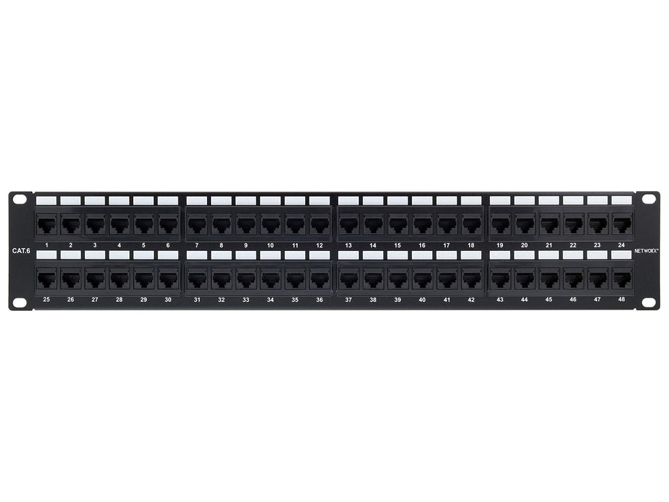 Networx front view of 48-port panel showing organized RJ45 ports and quick access