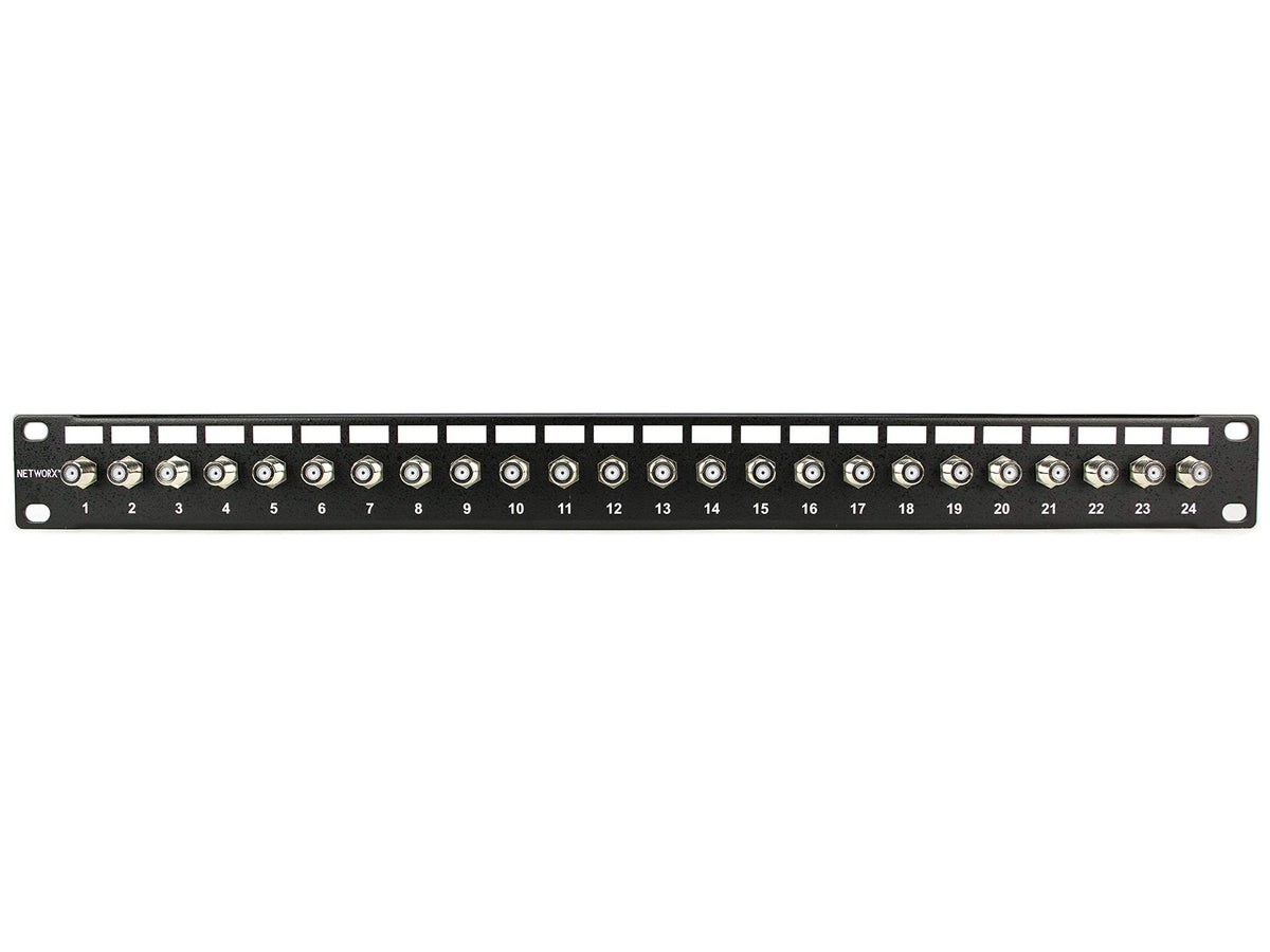 Networx front view showing 24 F-type ports and neat rack-ready organization for fast setup