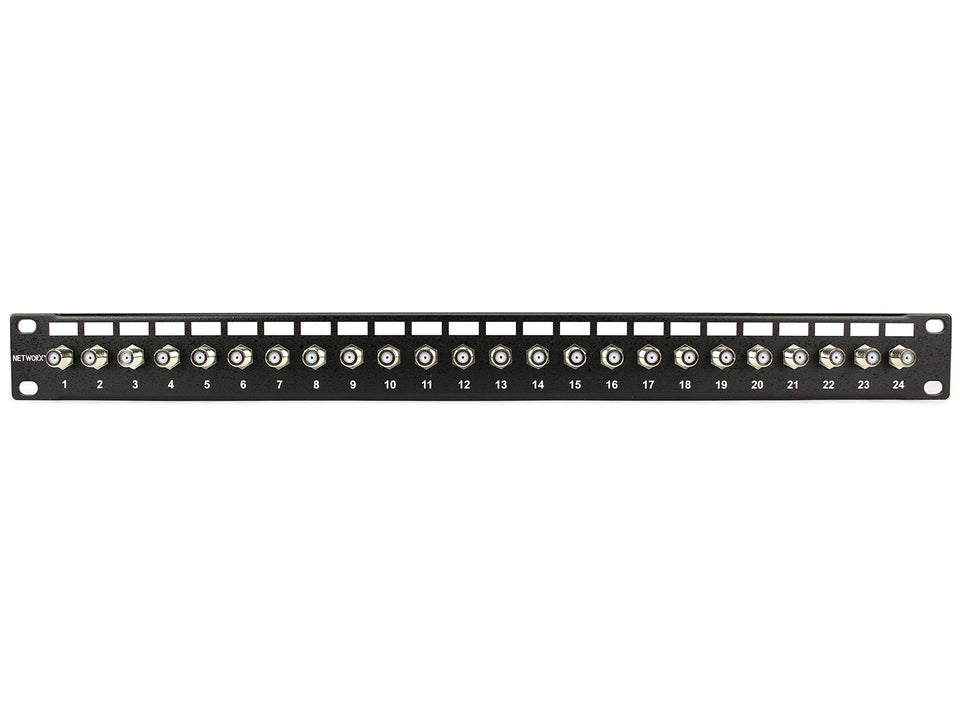 Networx front view showing 24 F-type ports and neat rack-ready organization for fast setup
