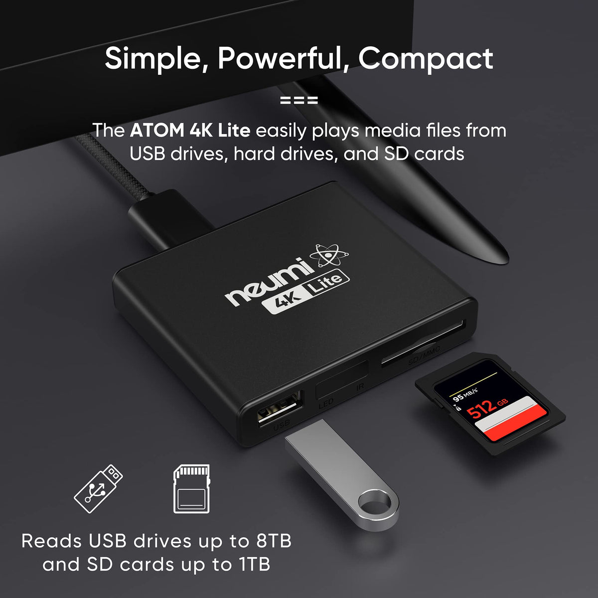 NEUMI Atom 4K Lite rear ports close-up showing HDMI and analog AV for flexible connections