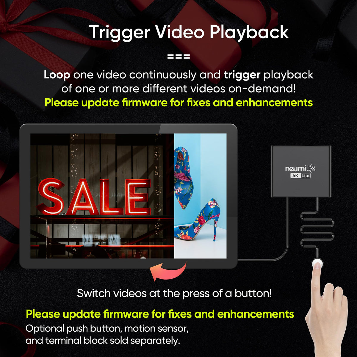 NEUMI Atom 4K Lite connected to a 4K TV demonstrating ultra-HD video playback
