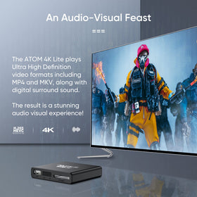 NEUMI Atom 4K Lite with remote and accessories, enabling simple control and setup