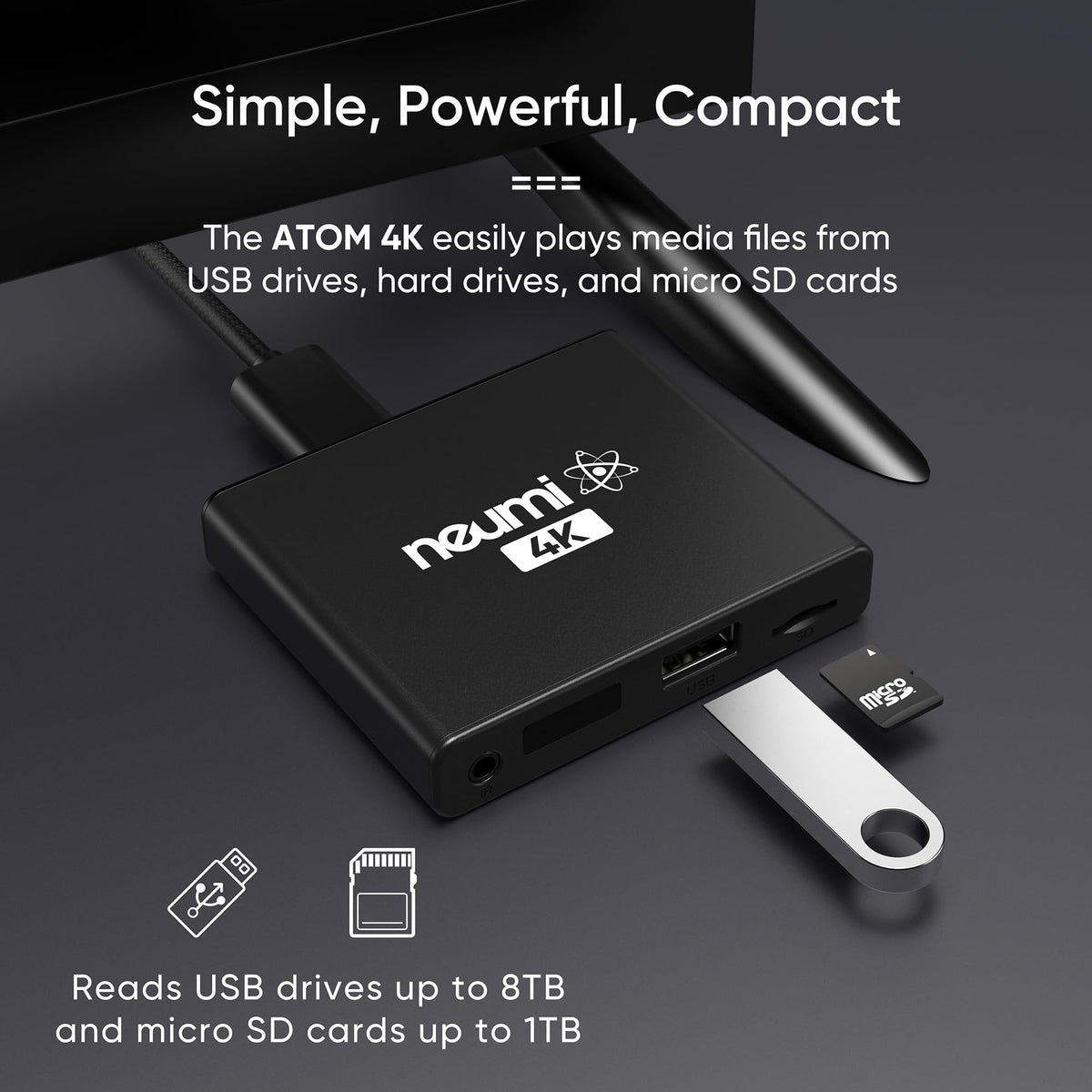 NEUMITECH ATOM 4K rear ports close-up showing HDMI, AV and USB for broad compatibility