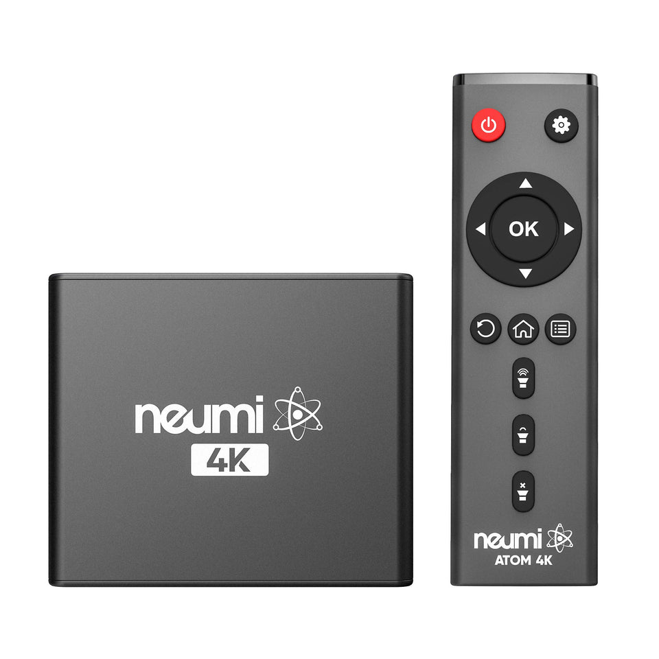 NEUMITECH ATOM 4K front view showing compact player and indicator lights for easy setup