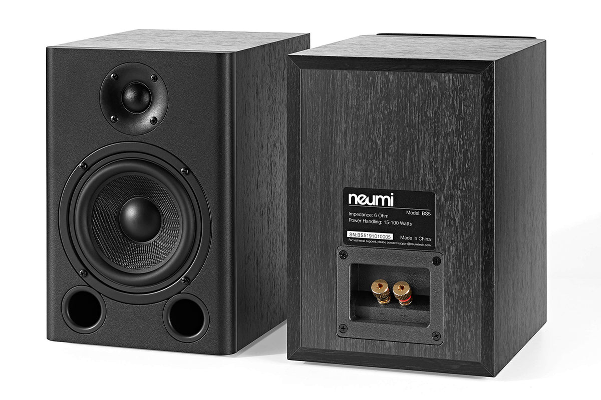 Pair of NEUMITECH BS5 in dark wood finish for versatile spaces.