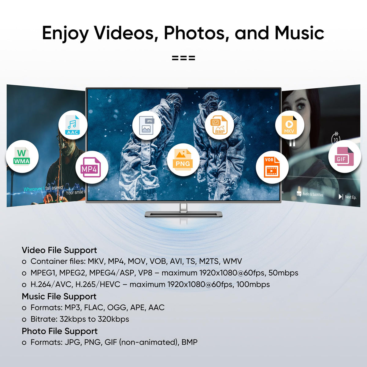NEUMITECH NEUMI Atom connected to a modern TV via HDMI, delivering crisp 1080p playback benefit