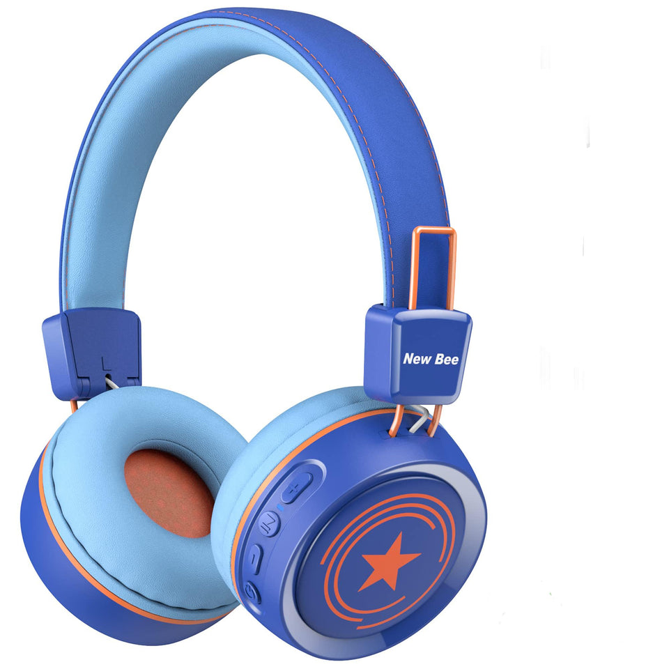 New Bee front view of blue headphones showing controls and safe design benefits