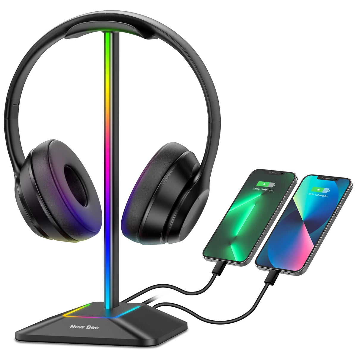 New Bee headphone stand RGB lighting enhances desk ambience and personalization.
