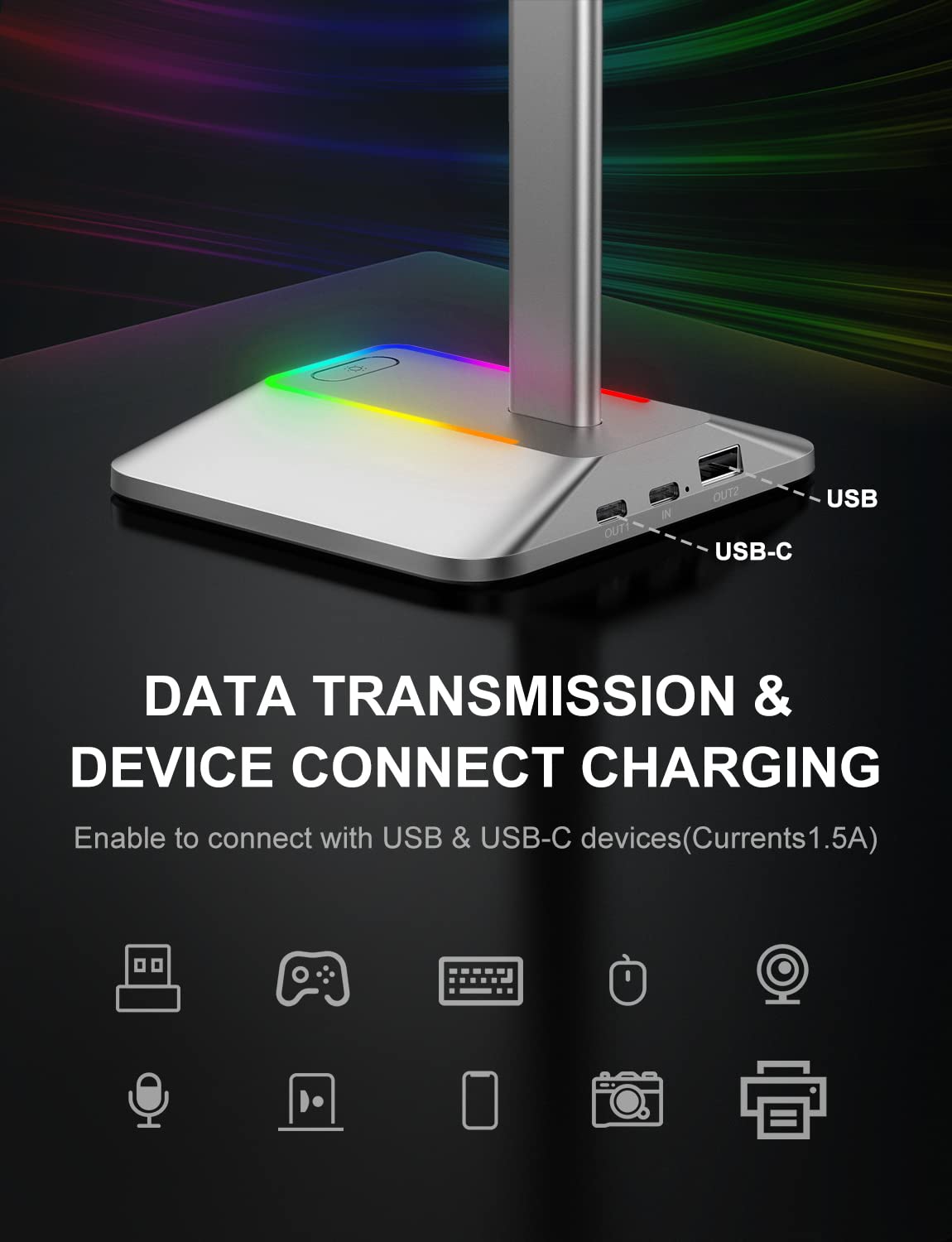 New Bee headset stand with USB-A port for charging and data transfer.