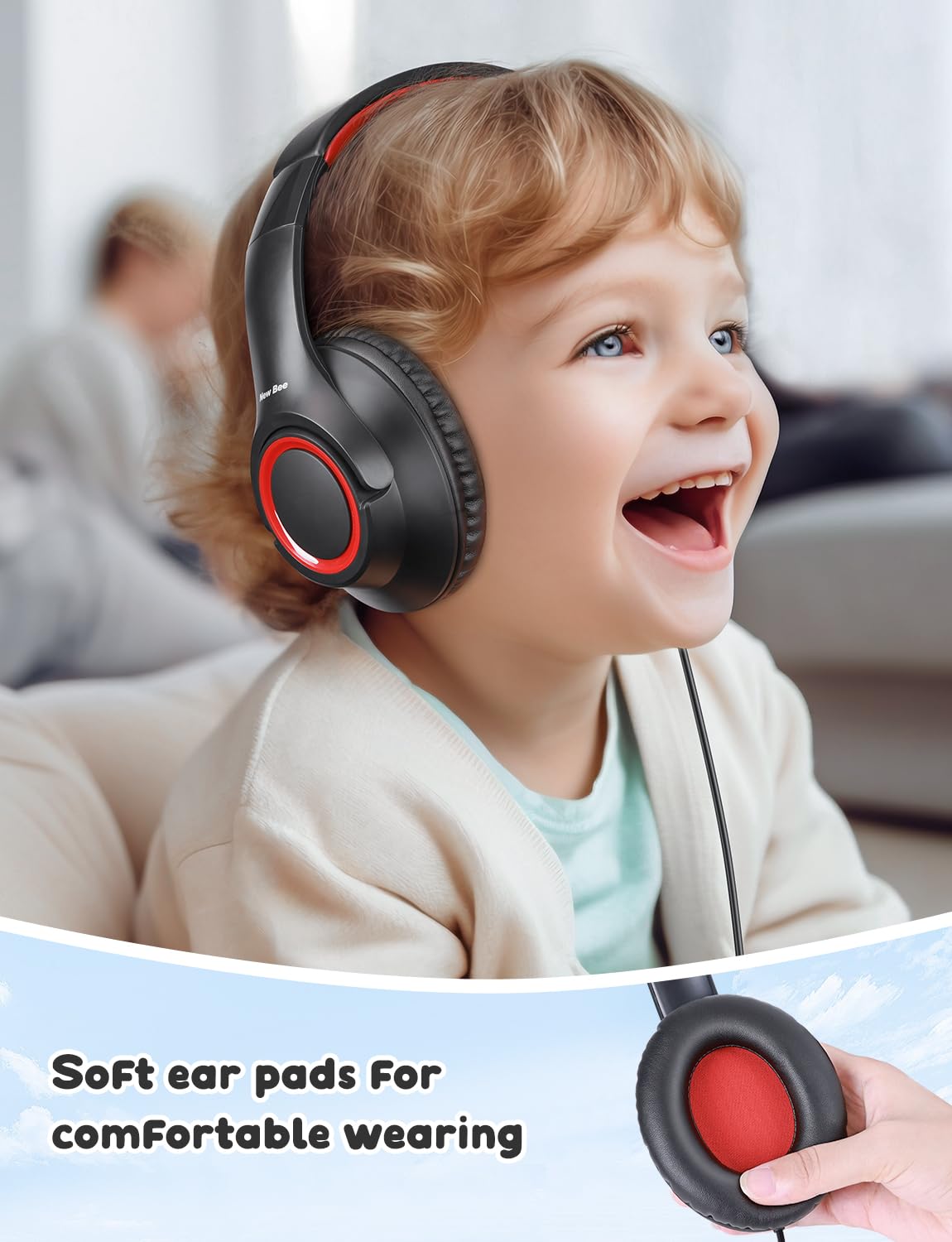 New Bee Kids Headphones showing adjustable headband for growing kids