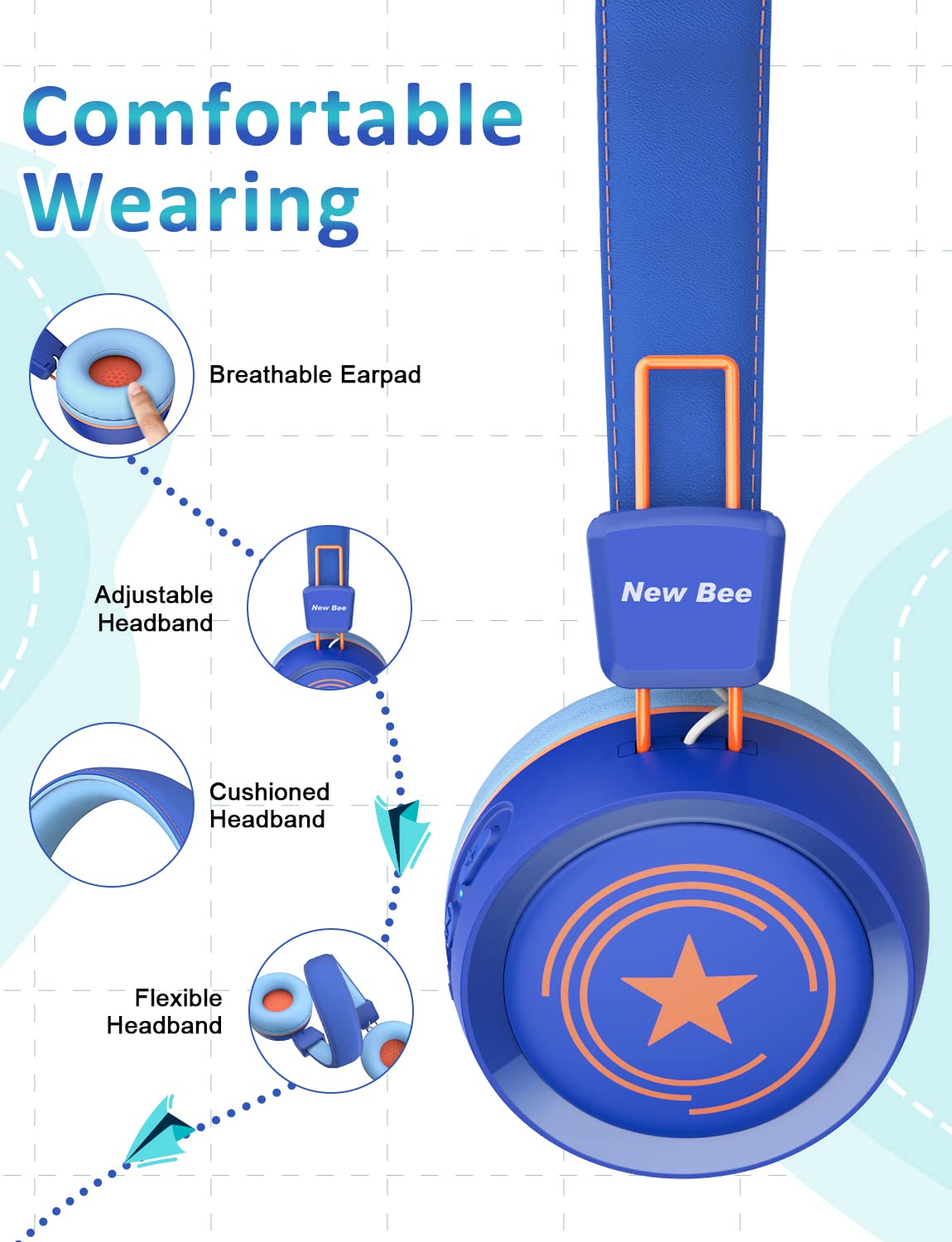 New Bee children wearing headphones on a trip showing long-playtime convenience