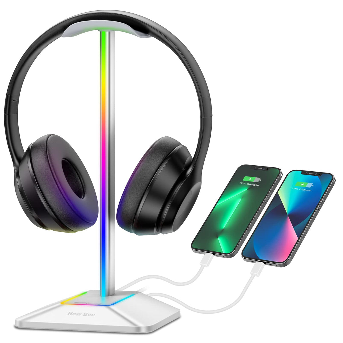 New Bee RGB headphone stand with 7 lighting modes to enhance desk ambience.